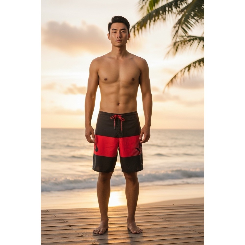 Oakley Men's 32 Tailored Fit Hybrid Lace Up Board Shorts Red Black 10.5"